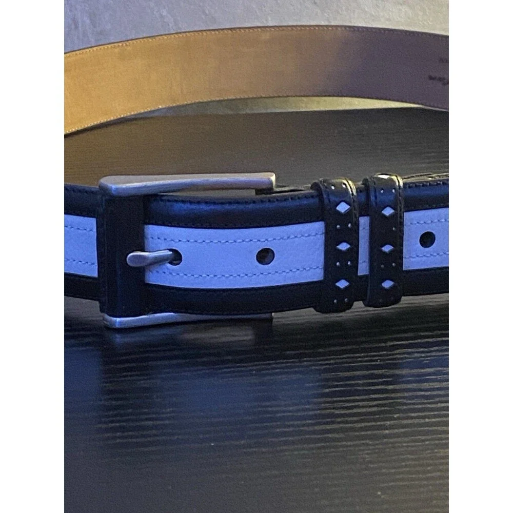 Mezlan Men's Leather Belt Size 36 Black/White diamond cutout Brass Buckle Spain